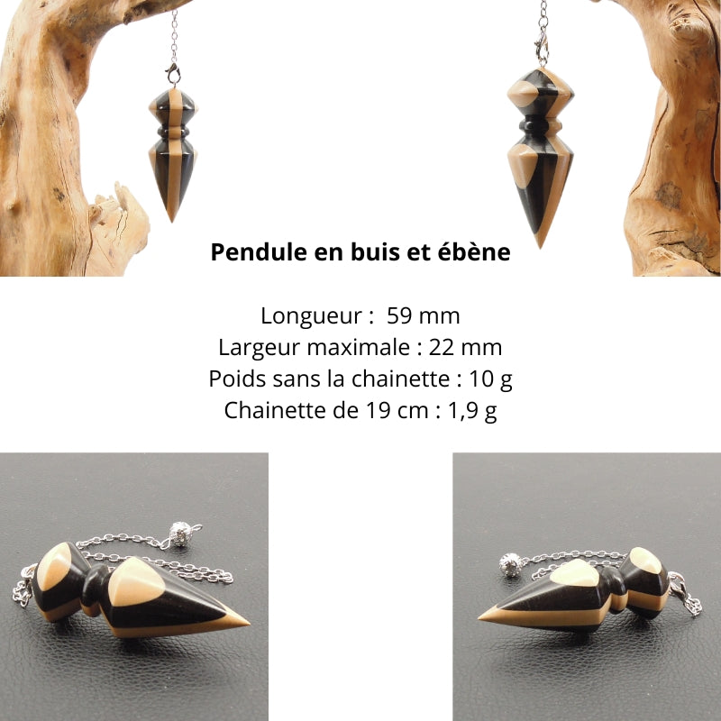 Pendule artisanal de radiesthésie en buis et ébène avec chainette.. Lydie