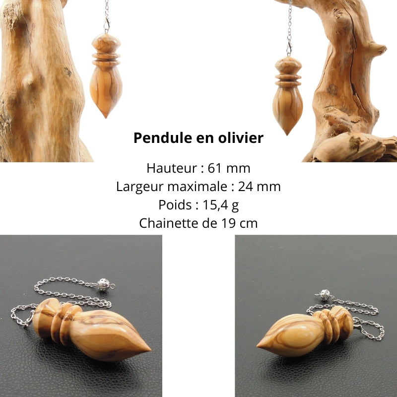 Pendule artisanal de radiesthésie en olivier avec chainette. Caroline