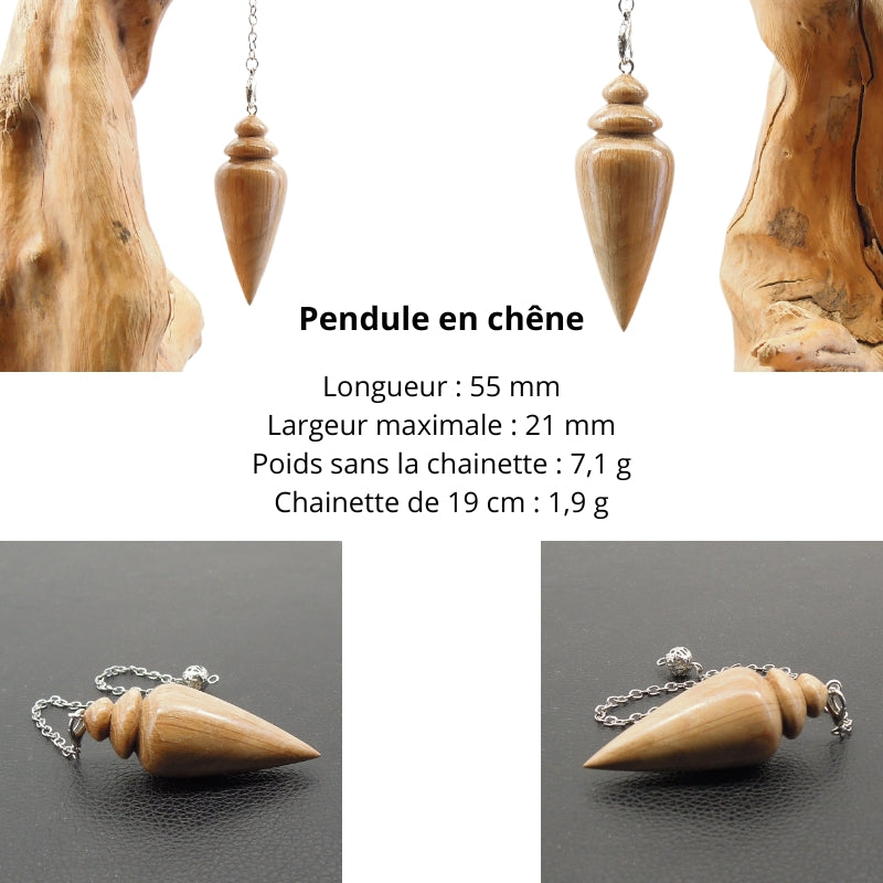 Pendule artisanal divinatoire de radiesthésie en chêne avec chainette. Sonia