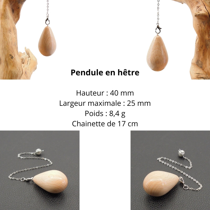 Pendule artisanal de radiesthésie en hêtre avec chainette Audrey