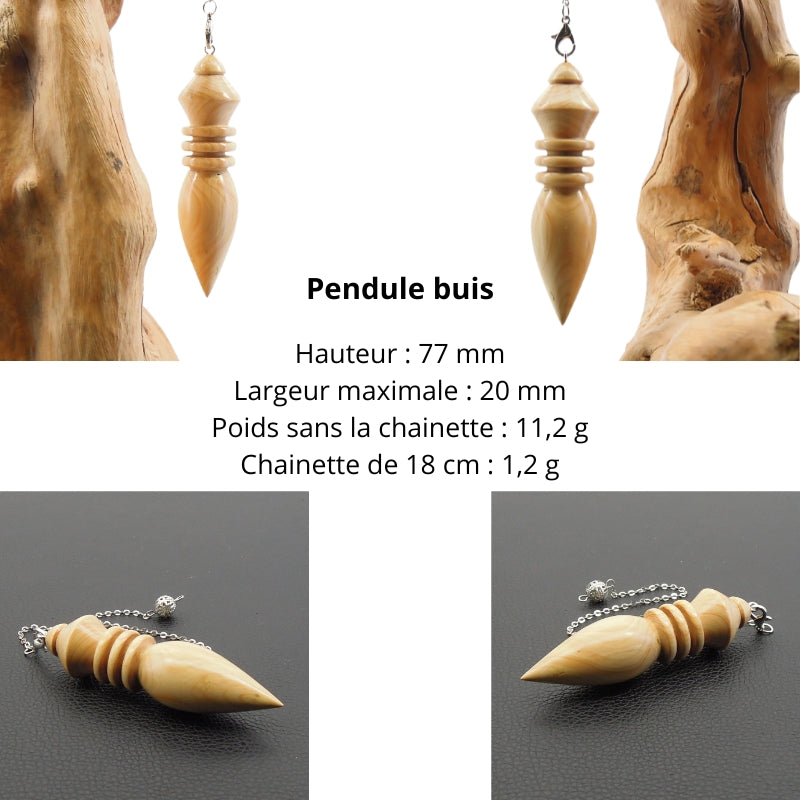 Pendule artisanal de radiesthésie en buis avec chainette.