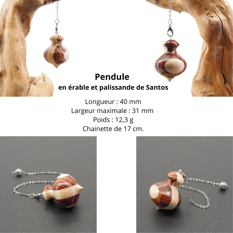 Pendule artisanal de radiesthésie en palissandre santos et érable avec chainette.