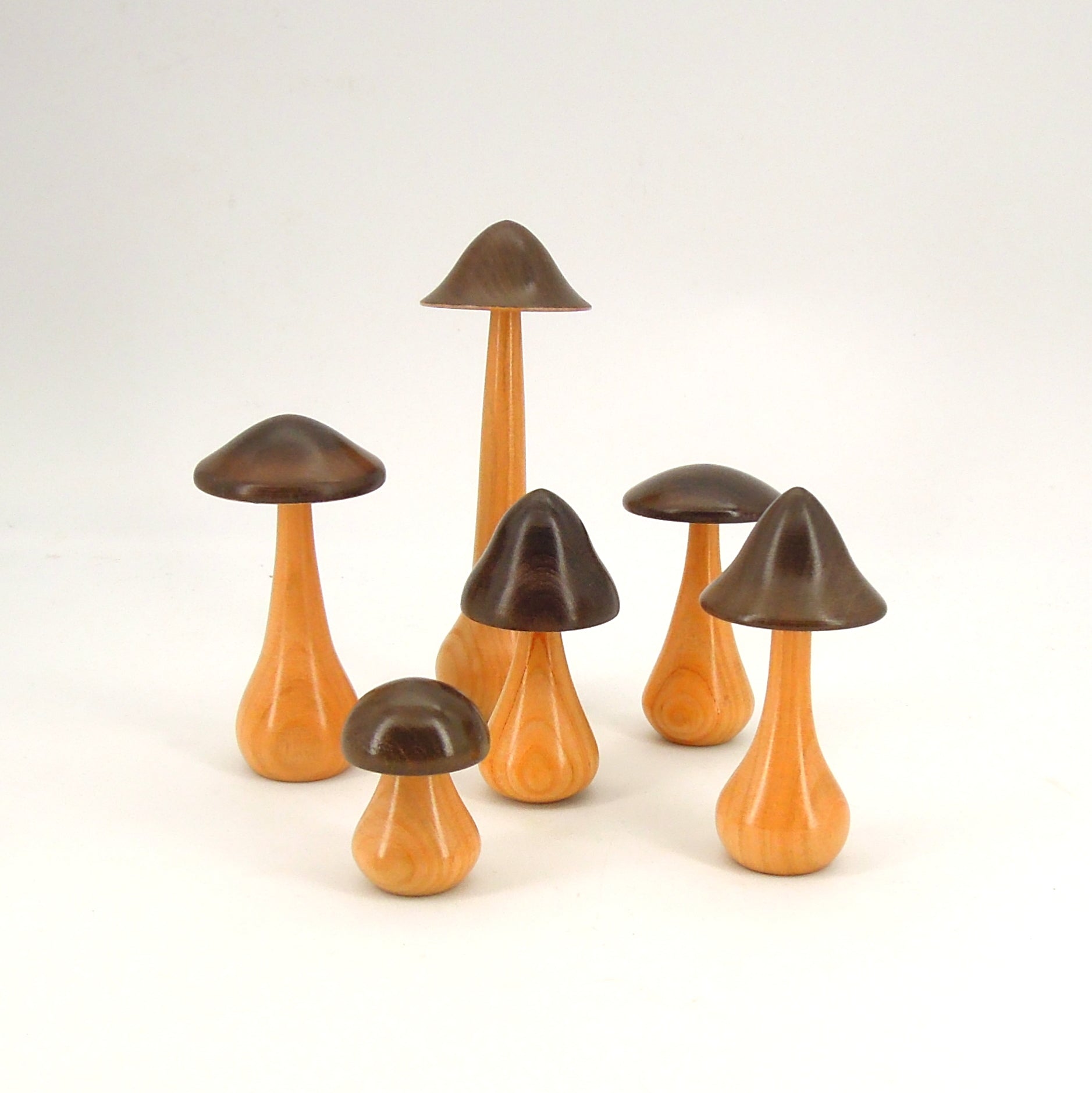 Six champignons tournés en bois de merisier avec chapeaux ébonisés.